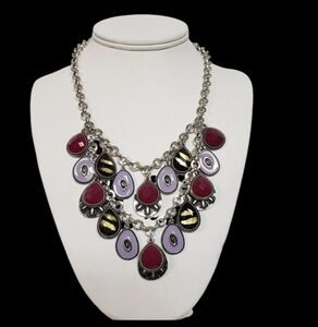 NWOT Premier Designs Violet Purple Necklace Antiqued Silver Reversible Boho